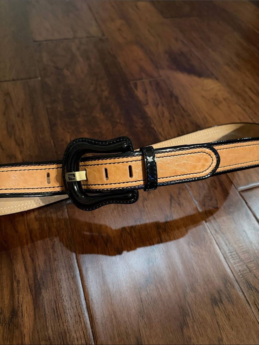 Fendi Two-Tone Tan and Black Leather Belt with Glossy Black Buckle